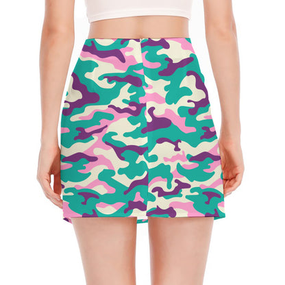 Pastel Teal And Purple Camouflage Print Side Slit Mini Skirt