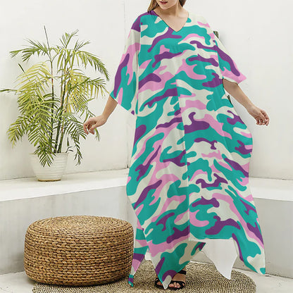 Pastel Teal And Purple Camouflage Print Silk V-Neck Kaftan Dress