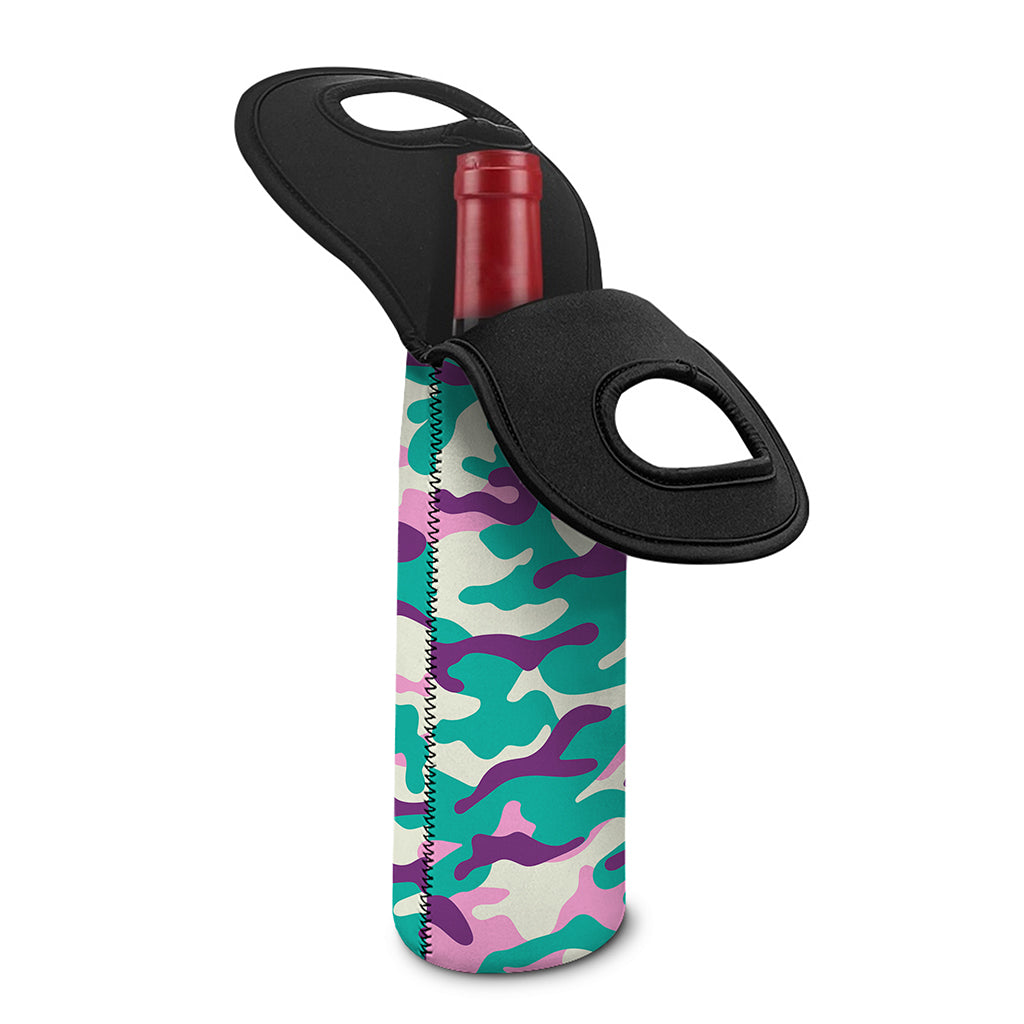 Pastel Teal And Purple Camouflage Print Single Neoprene Wine Tote
