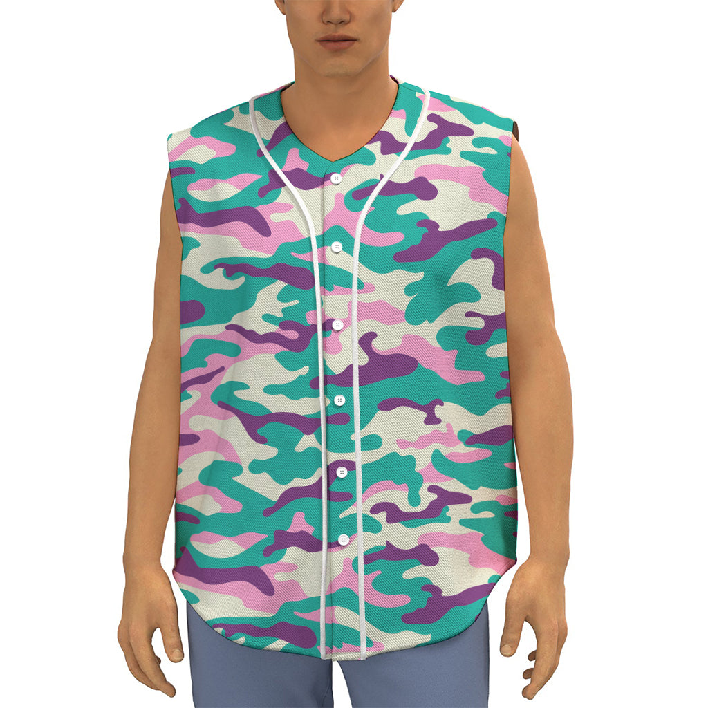 Pastel Teal And Purple Camouflage Print Sleeveless Baseball Jersey