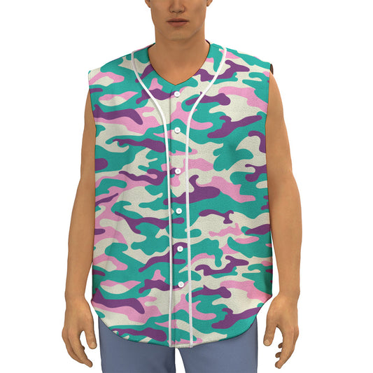 Pastel Teal And Purple Camouflage Print Sleeveless Baseball Jersey
