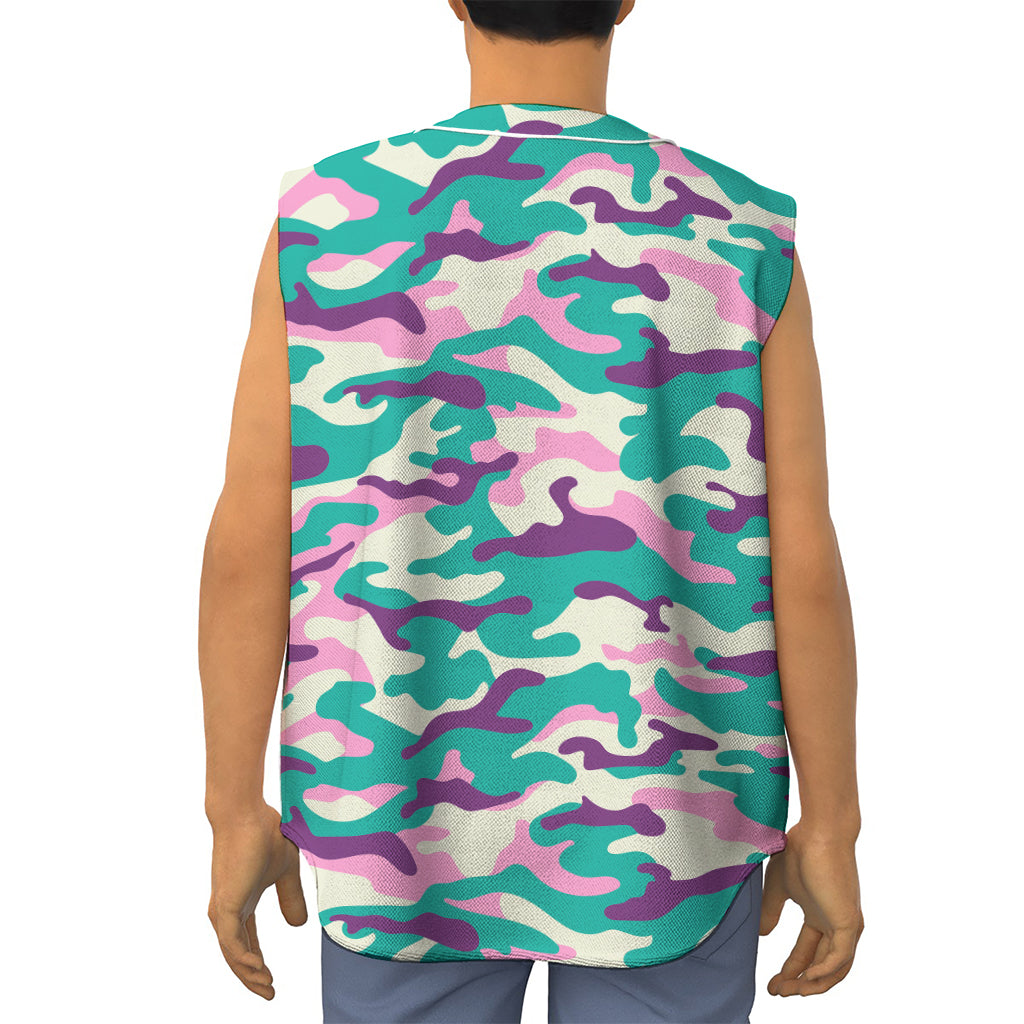 Pastel Teal And Purple Camouflage Print Sleeveless Baseball Jersey