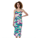 Pastel Teal And Purple Camouflage Print Slim Fit Midi Cami Dress