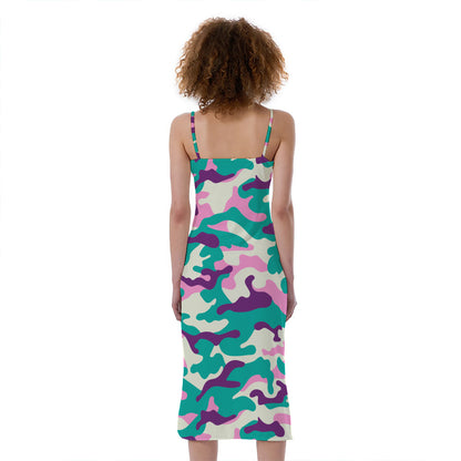 Pastel Teal And Purple Camouflage Print Slim Fit Midi Cami Dress