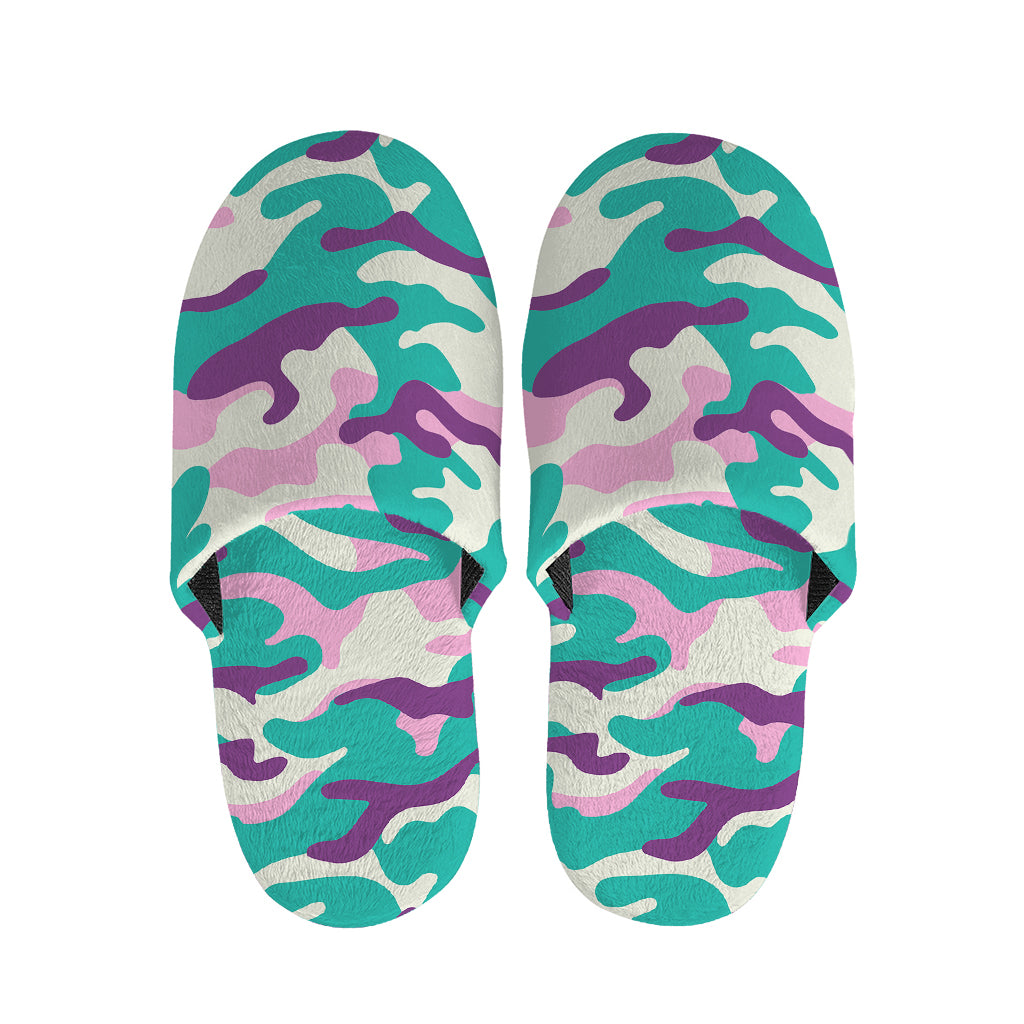 Pastel Teal And Purple Camouflage Print Slippers