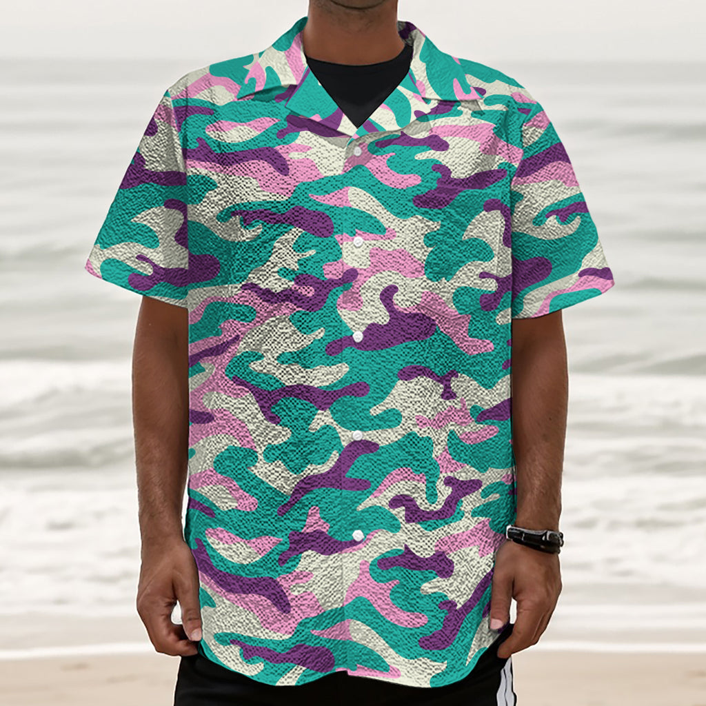 Pastel Teal And Purple Camouflage Print Textured Short Sleeve Shirt