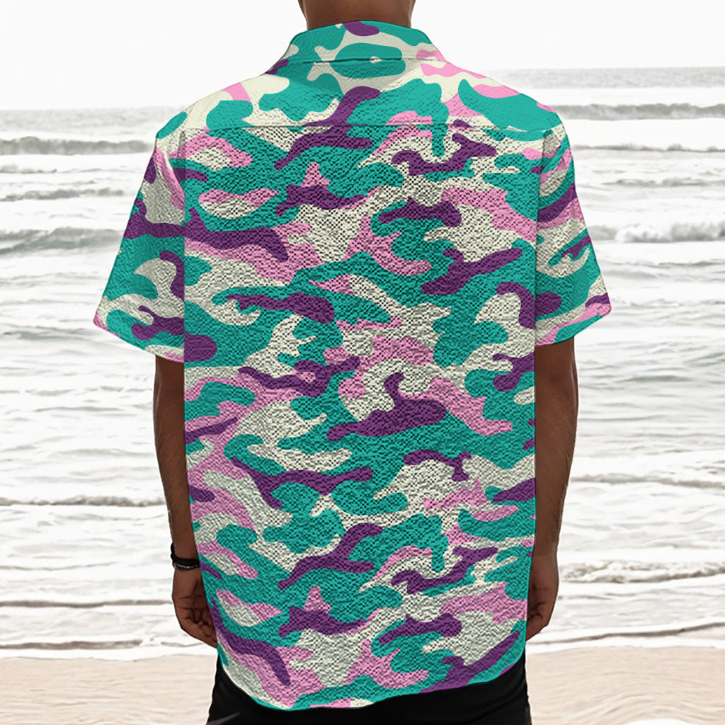 Pastel Teal And Purple Camouflage Print Textured Short Sleeve Shirt
