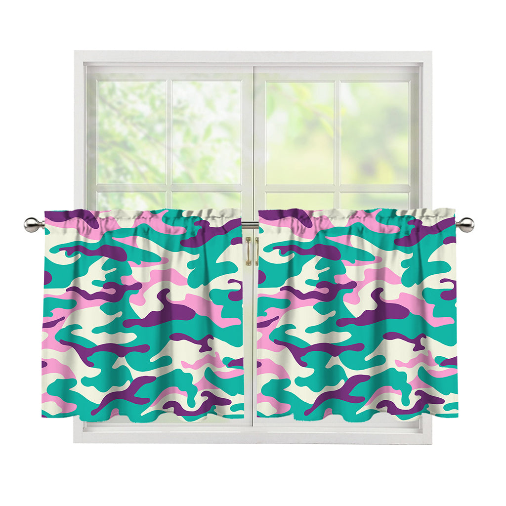 Pastel Teal And Purple Camouflage Print Tier Curtains