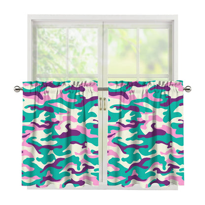 Pastel Teal And Purple Camouflage Print Tier Curtains