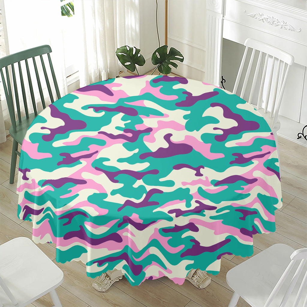 Pastel Teal And Purple Camouflage Print Waterproof Round Tablecloth