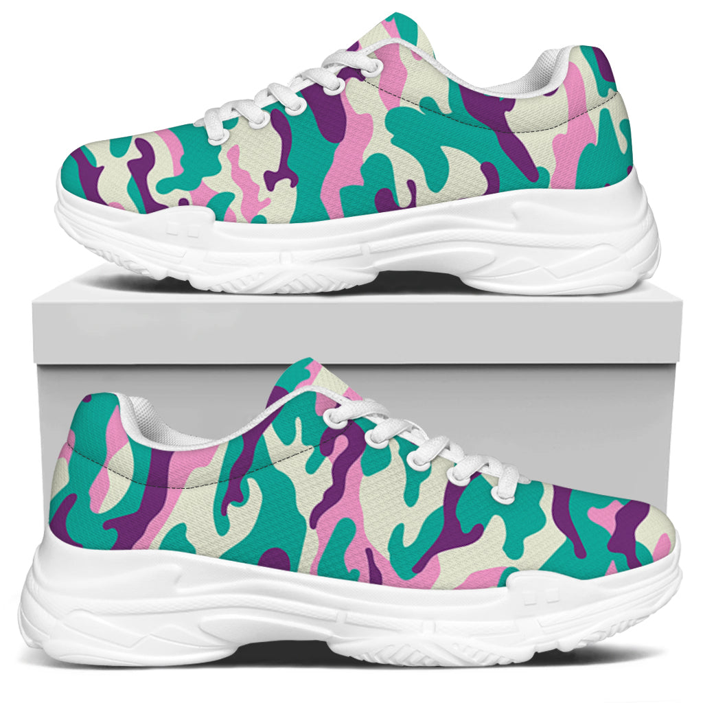 Pastel Teal And Purple Camouflage Print White Chunky Shoes