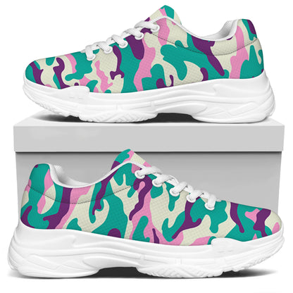 Pastel Teal And Purple Camouflage Print White Chunky Shoes