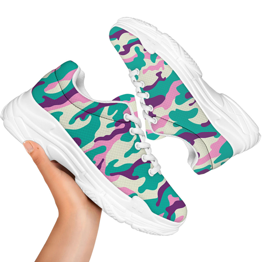 Pastel Teal And Purple Camouflage Print White Chunky Shoes
