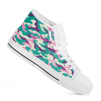 Pastel Teal And Purple Camouflage Print White High Top Sneakers