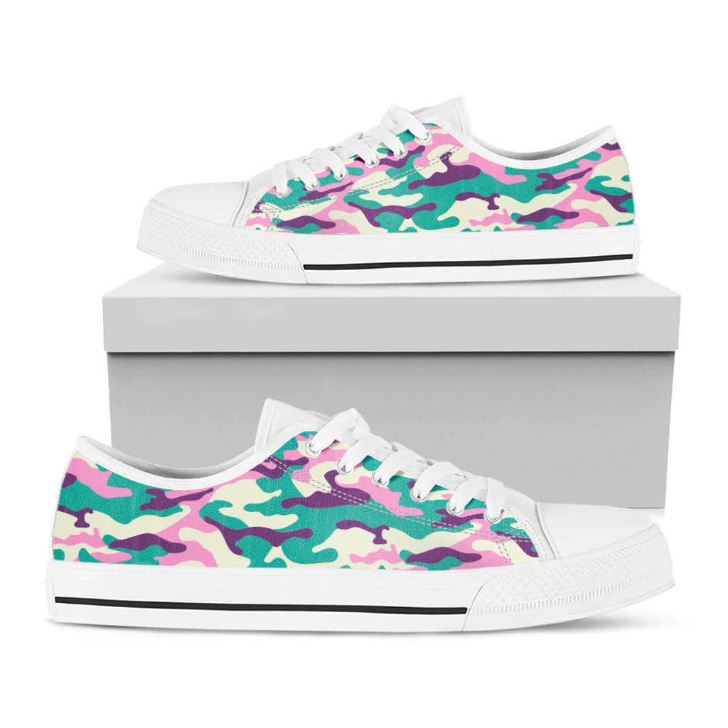 Pastel Teal And Purple Camouflage Print White Low Top Sneakers