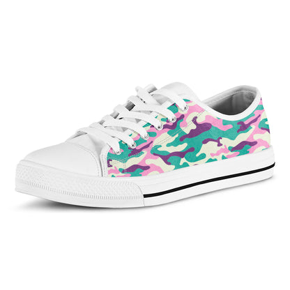 Pastel Teal And Purple Camouflage Print White Low Top Sneakers