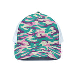 Pastel Teal And Purple Camouflage Print White Mesh Trucker Cap