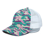 Pastel Teal And Purple Camouflage Print White Mesh Trucker Cap