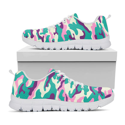 Pastel Teal And Purple Camouflage Print White Running Shoes