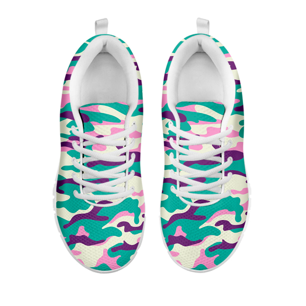 Pastel Teal And Purple Camouflage Print White Running Shoes
