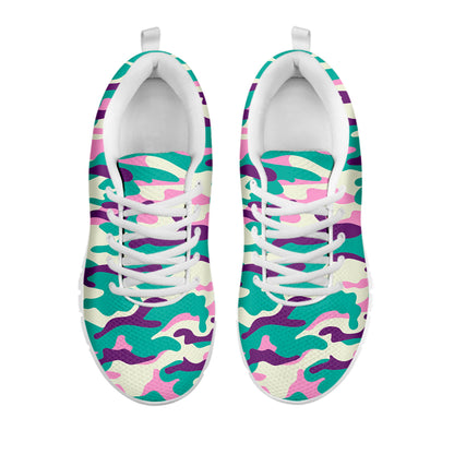 Pastel Teal And Purple Camouflage Print White Running Shoes