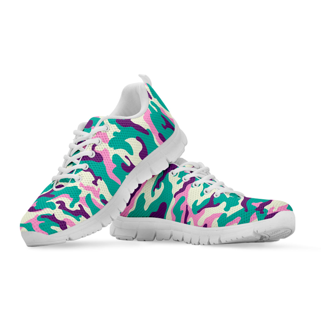 Pastel Teal And Purple Camouflage Print White Running Shoes