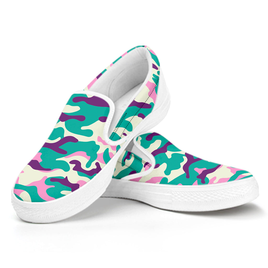 Pastel Teal And Purple Camouflage Print White Slip On Sneakers