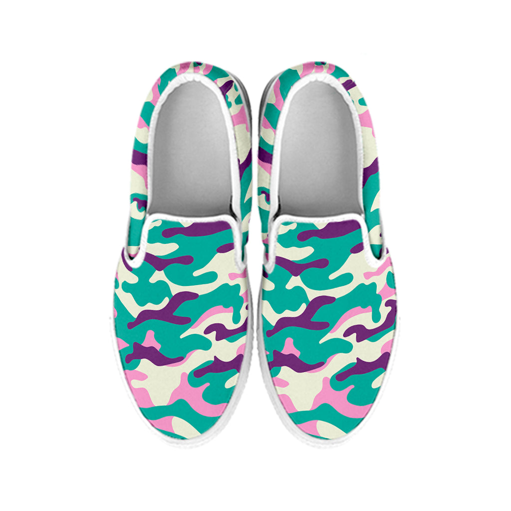 Pastel Teal And Purple Camouflage Print White Slip On Sneakers