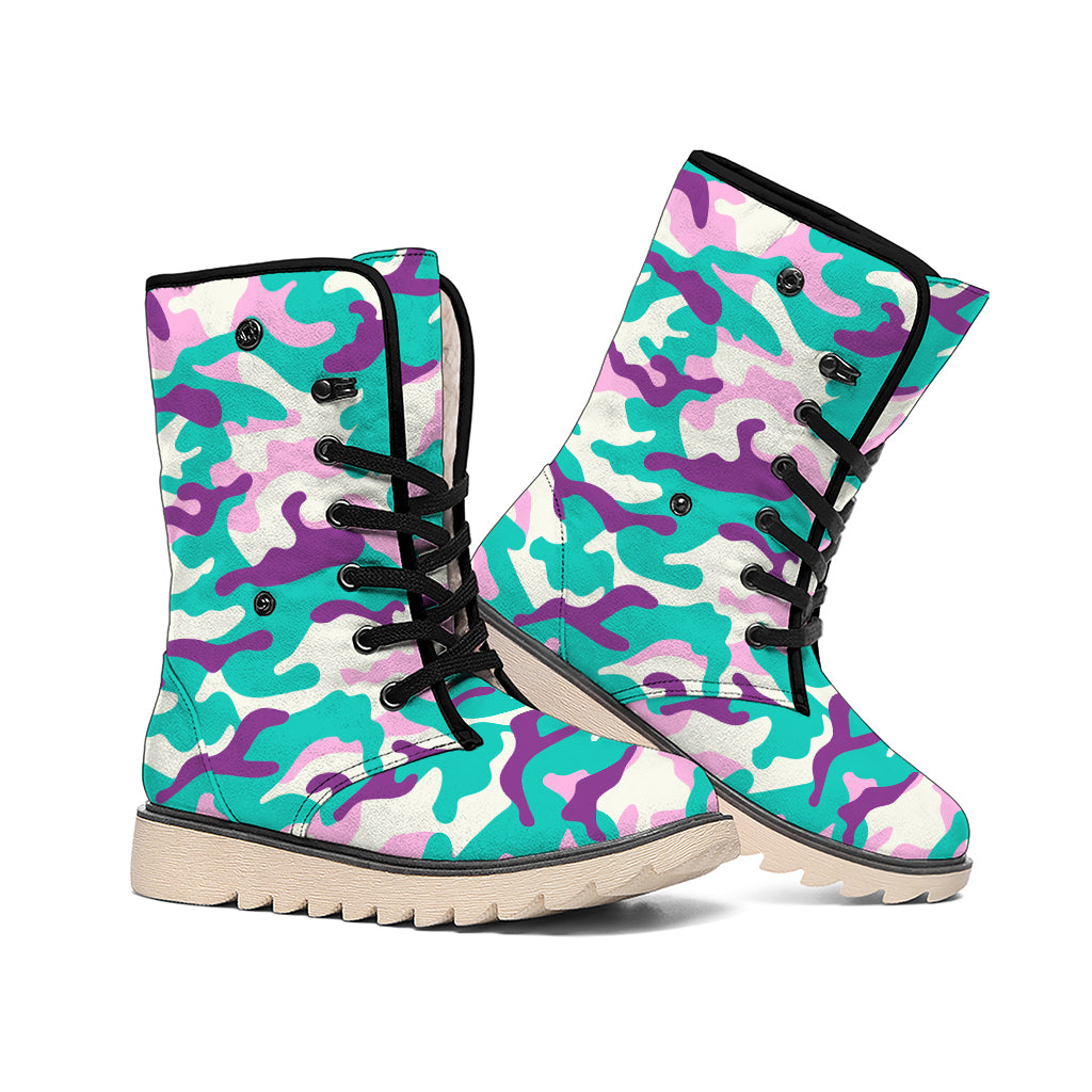 Pastel Teal And Purple Camouflage Print Winter Boots