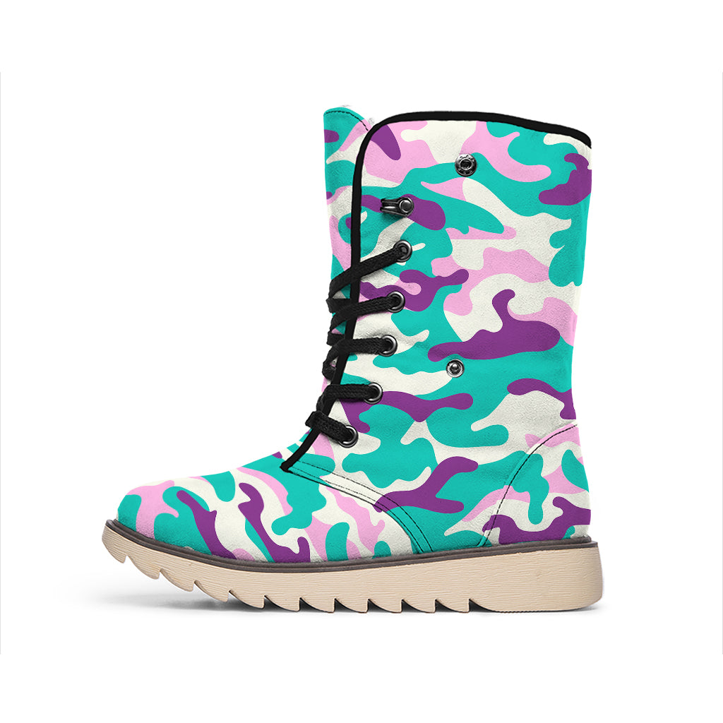 Pastel Teal And Purple Camouflage Print Winter Boots