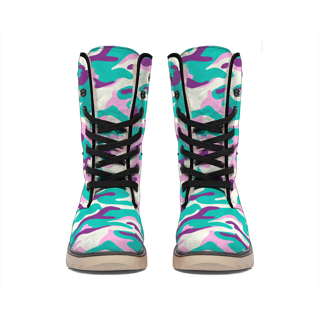 Pastel Teal And Purple Camouflage Print Winter Boots