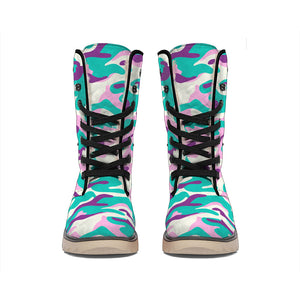 Pastel Teal And Purple Camouflage Print Winter Boots