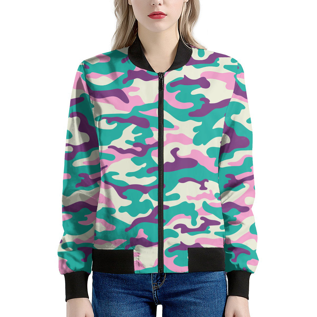 Pastel Teal And Purple Camouflage Print Women's Bomber Jacket