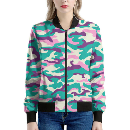 Pastel Teal And Purple Camouflage Print Women's Bomber Jacket