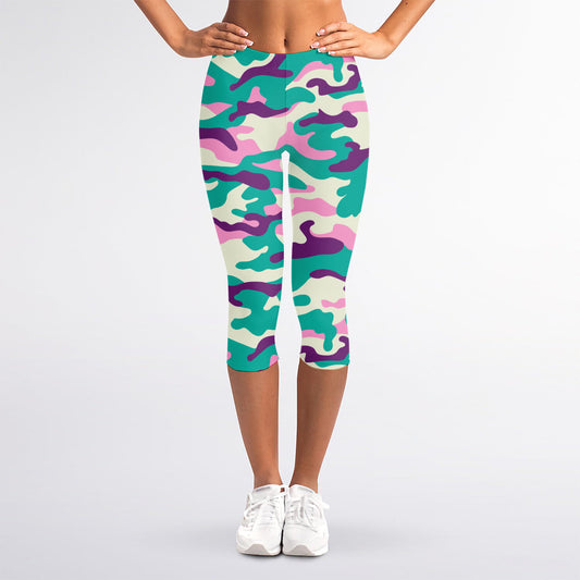 Pastel Teal And Purple Camouflage Print Women's Capri Leggings