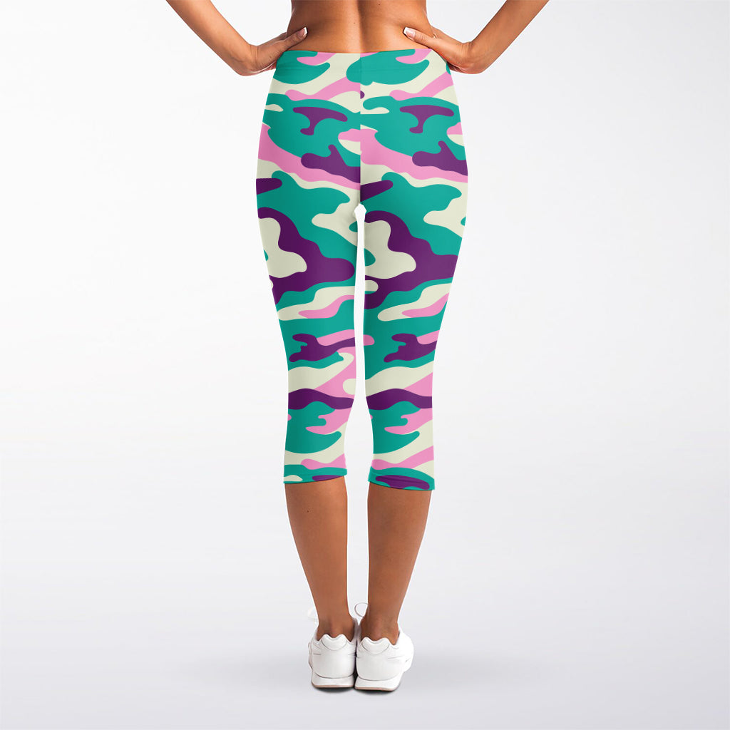 Pastel Teal And Purple Camouflage Print Women's Capri Leggings
