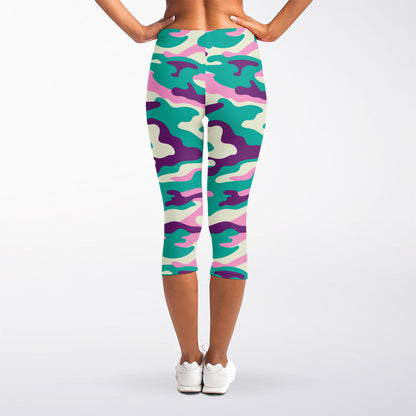 Pastel Teal And Purple Camouflage Print Women's Capri Leggings