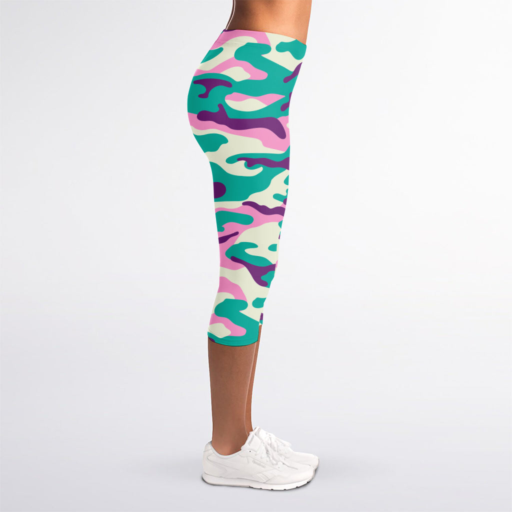 Pastel Teal And Purple Camouflage Print Women's Capri Leggings
