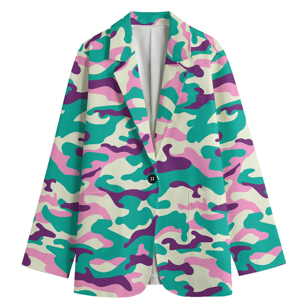 Pastel Teal And Purple Camouflage Print Women's Cotton Blazer
