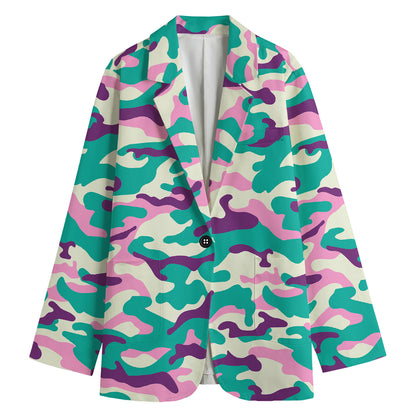 Pastel Teal And Purple Camouflage Print Women's Cotton Blazer