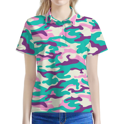 Pastel Teal And Purple Camouflage Print Women's Polo Shirt
