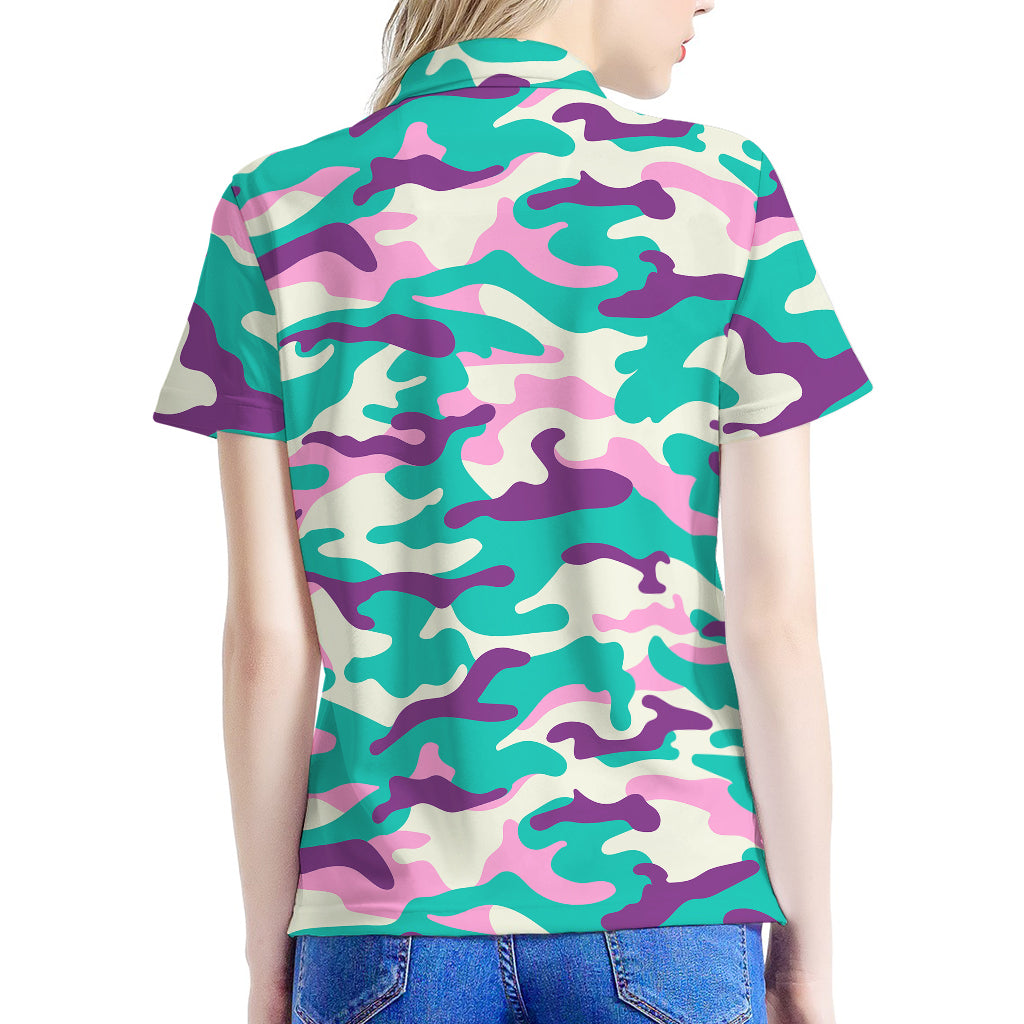 Pastel Teal And Purple Camouflage Print Women's Polo Shirt
