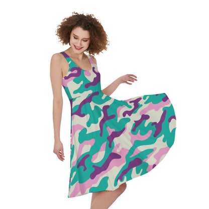 Pastel Teal And Purple Camouflage Print Women's Sleeveless Dress