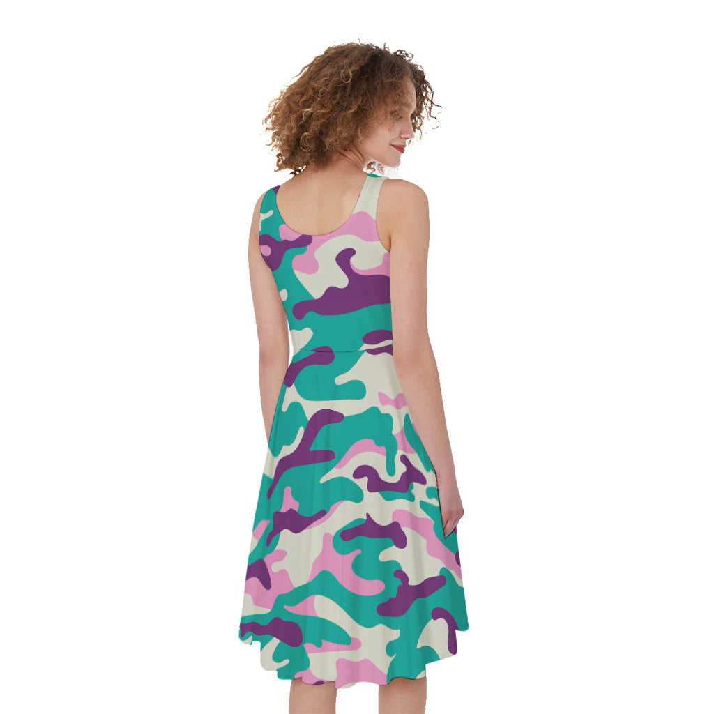 Pastel Teal And Purple Camouflage Print Women's Sleeveless Dress