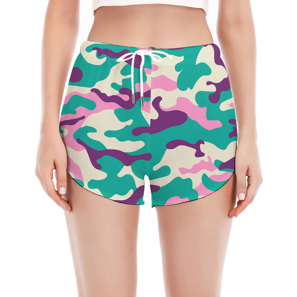 Pastel Teal And Purple Camouflage Print Women's Split Running Shorts
