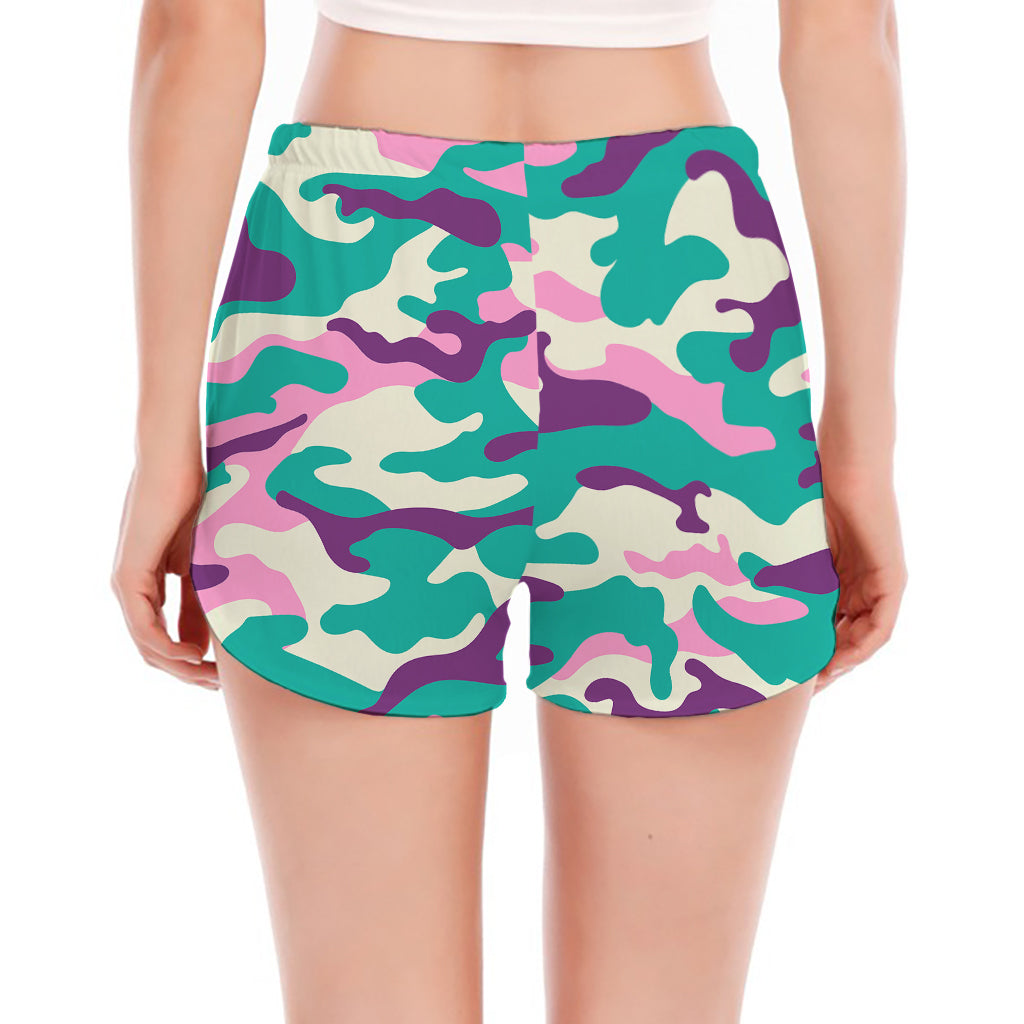 Pastel Teal And Purple Camouflage Print Women's Split Running Shorts