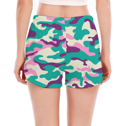 Pastel Teal And Purple Camouflage Print Women's Split Running Shorts