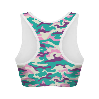 Pastel Teal And Purple Camouflage Print Women's Sports Bra