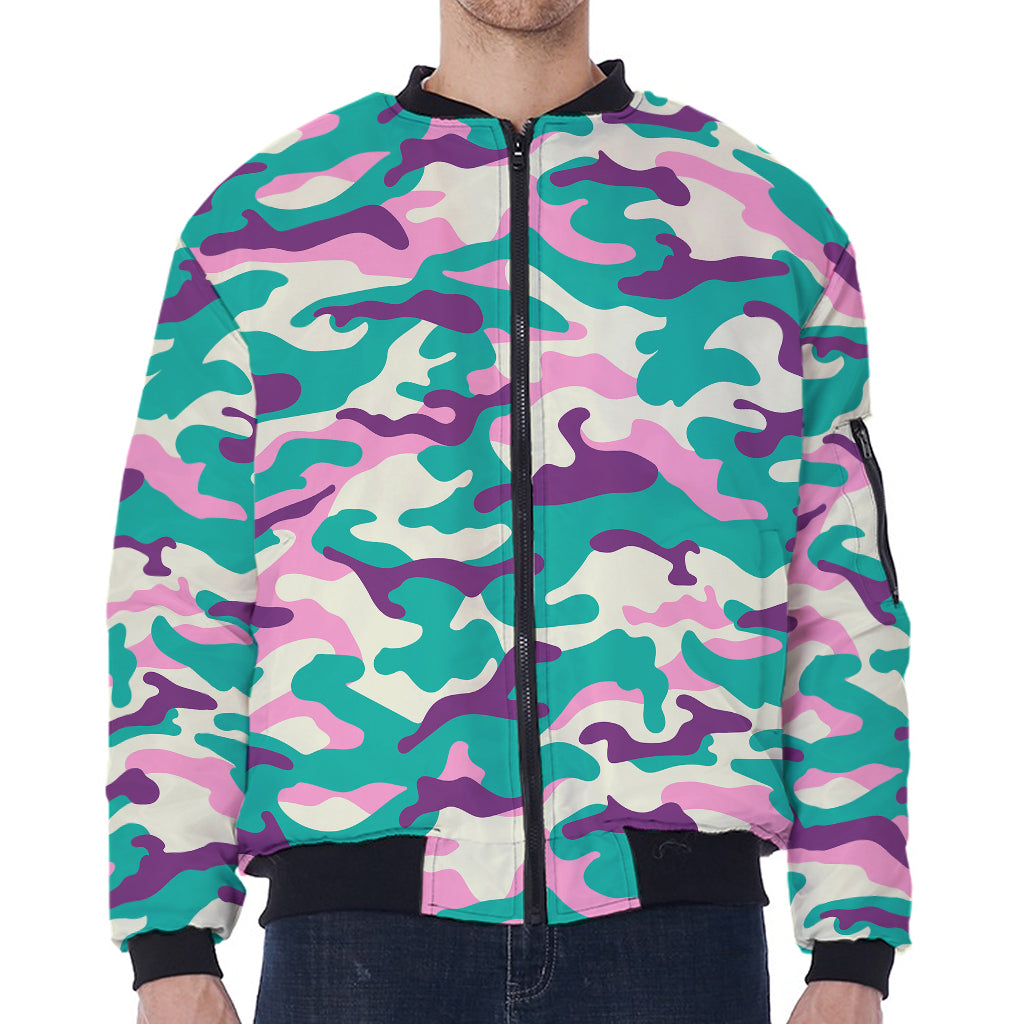 Pastel Teal And Purple Camouflage Print Zip Sleeve Bomber Jacket