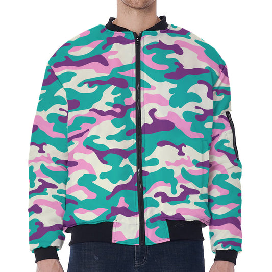 Pastel Teal And Purple Camouflage Print Zip Sleeve Bomber Jacket